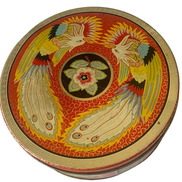 VTG England Asian Bird Motif Phoenix Metal Biscuit Tin Collectible Canister - Picture 4 of 12